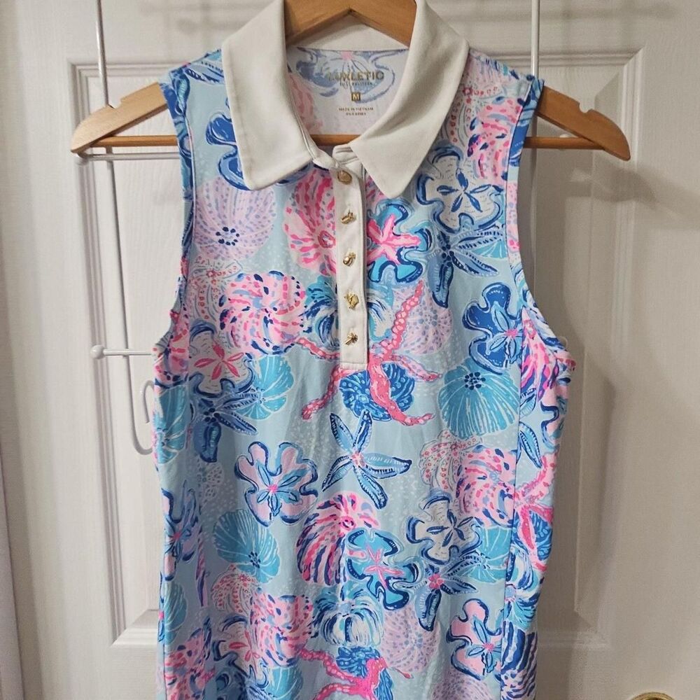 Luxletic Lilly Pulitzer Sleeveless Polo Shirt Size M Blue Pink Floral